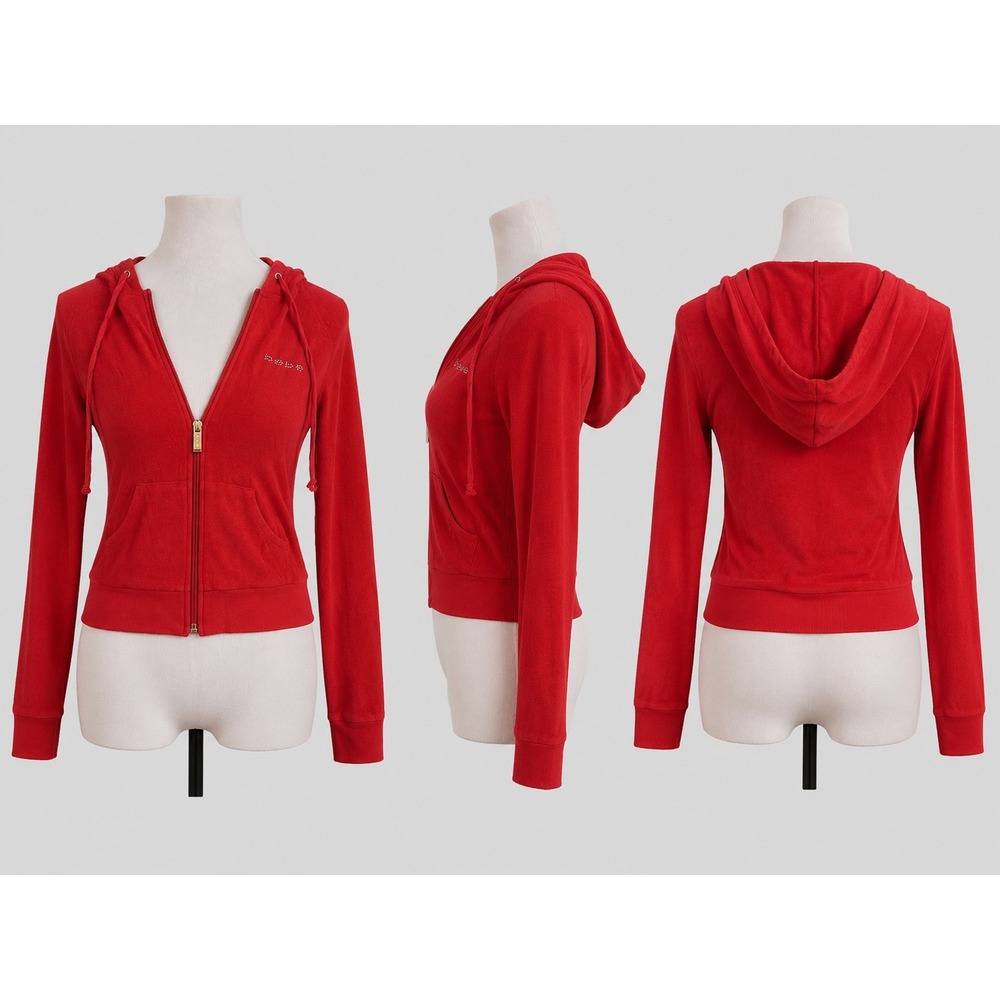 Vintage Y2K Bebe Red Zip Hoodie Rhinestone Logo USA Womens Large Full Zip